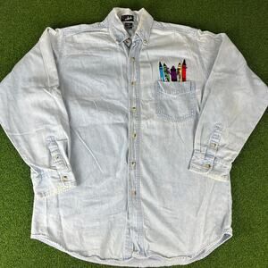 VTG 90s Just Jackets Light Wash Denim Crayola Embroidered Button Down Shirt L